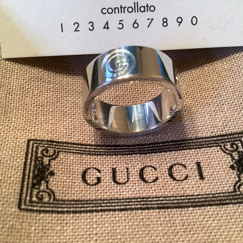 GUCCI Sterling Silver Cut Out Wide Band G Logo Ring SZ 8 - Picture 3 of 11